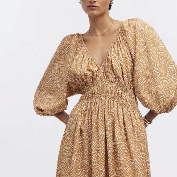 Madewell Khaki Tan Dot V-Neck Balloon-Sleeve Elbow Length Maxi Dress - Size - 12 - Picture 2 of 13